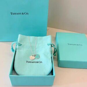 Tiffany Blue Double Heart Enamel Pendant Necklace